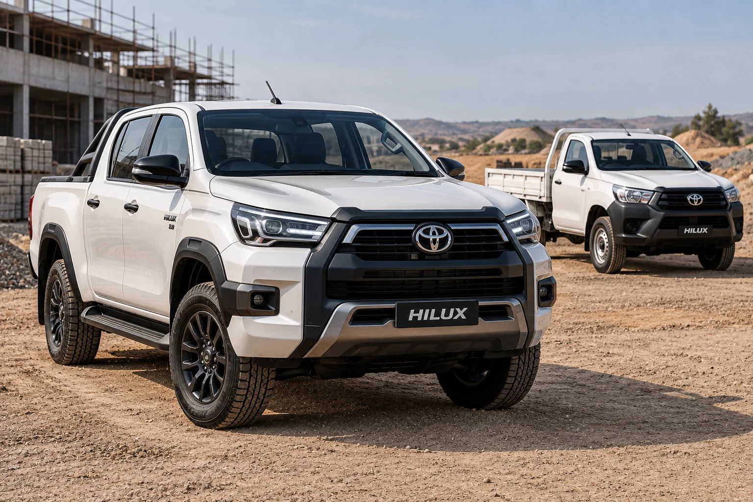 Illustration IA de deux Toyota Hilux blancs sur un chantier